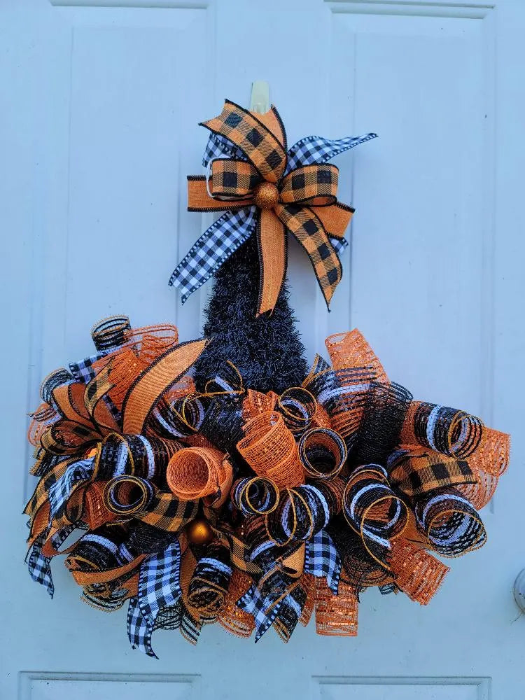 Witch Hat Wreath ~ Black, White & Orange